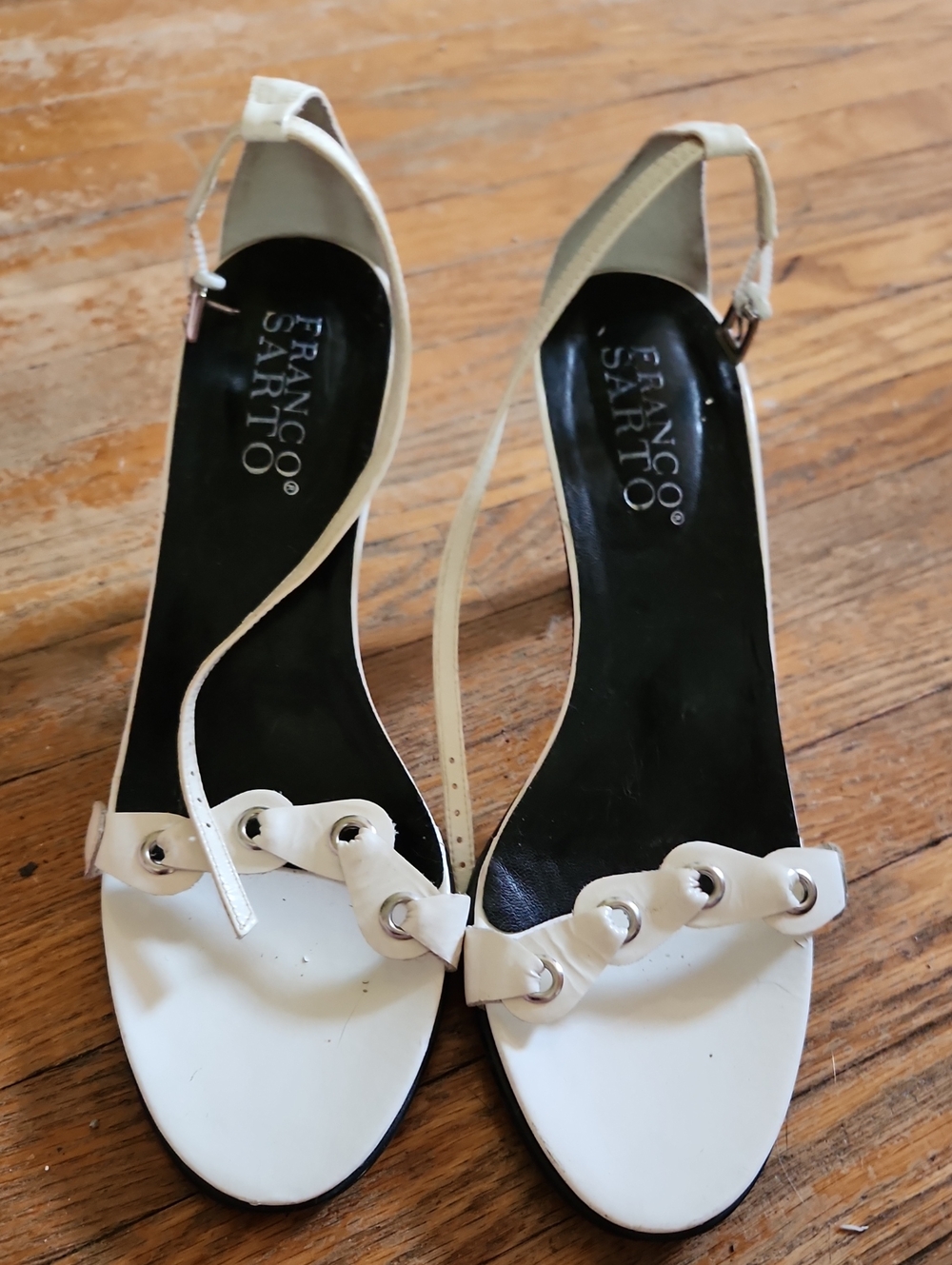 Franco Sarto White Open-Toe Slingback Heels with Eyelet Detail